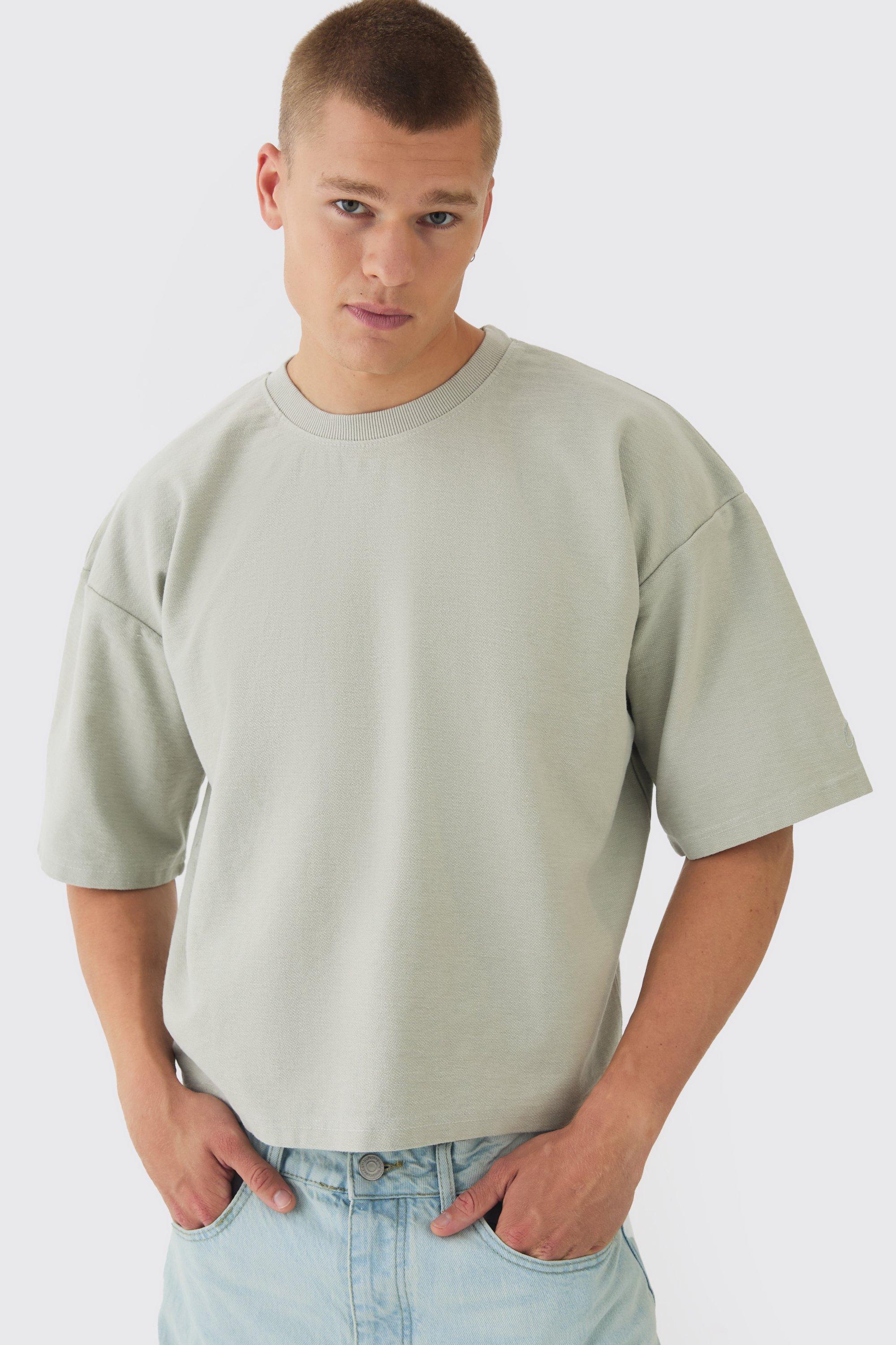 Mens Grey Oversized Extra Boxy Half Sleeve Reverse Loopback T-shirt, Grey